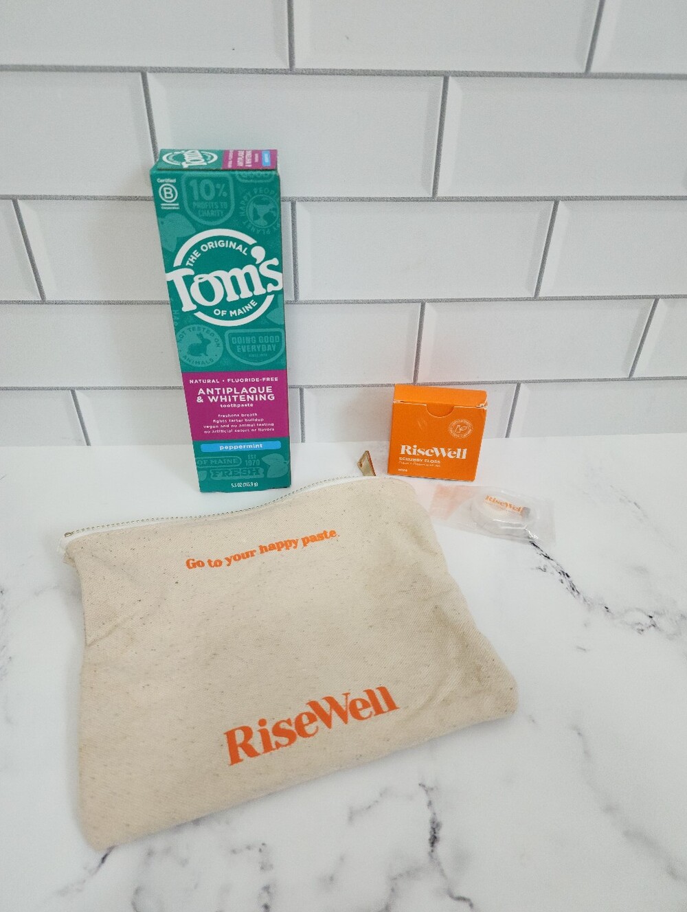 Risewell Cosmetic Bag & Scrubby Floss + Tom's Toothpaste